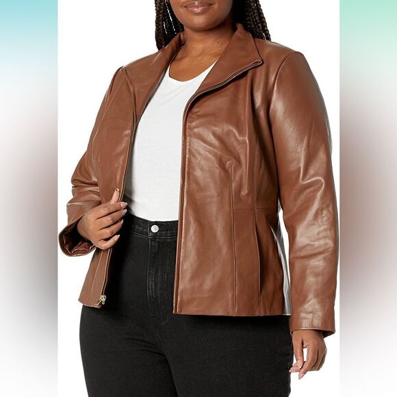 COLE HAAN Brown Tan Lambskin Leather Jacket XS - Picture 6 of 7